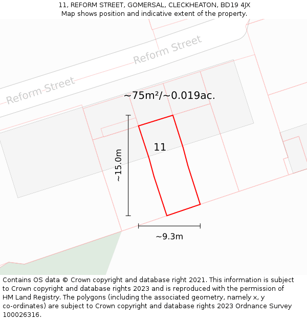 11, REFORM STREET, GOMERSAL, CLECKHEATON, BD19 4JX: Plot and title map