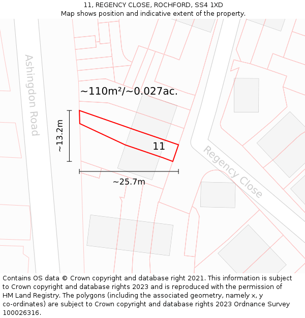 11, REGENCY CLOSE, ROCHFORD, SS4 1XD: Plot and title map