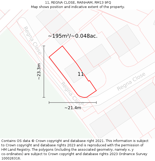 11, REGNA CLOSE, RAINHAM, RM13 9FQ: Plot and title map