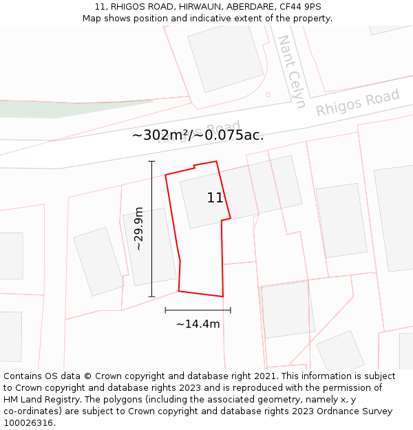 11, RHIGOS ROAD, HIRWAUN, ABERDARE, CF44 9PS: Plot and title map