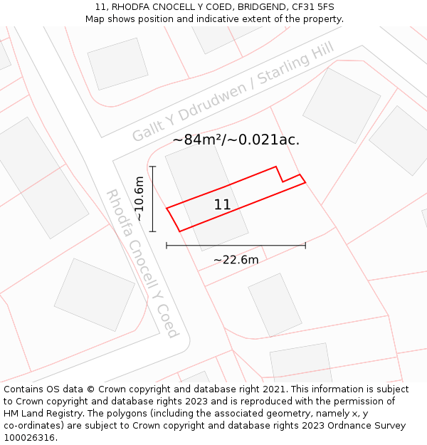 11, RHODFA CNOCELL Y COED, BRIDGEND, CF31 5FS: Plot and title map