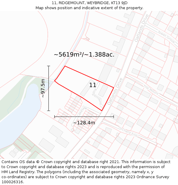 11, RIDGEMOUNT, WEYBRIDGE, KT13 9JD: Plot and title map