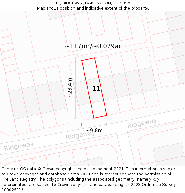11, RIDGEWAY, DARLINGTON, DL3 0SA: Plot and title map
