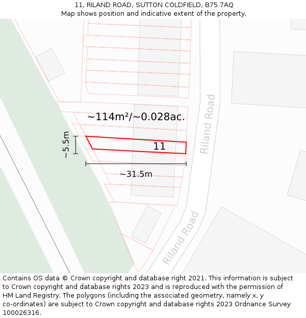11, RILAND ROAD, SUTTON COLDFIELD, B75 7AQ: Plot and title map