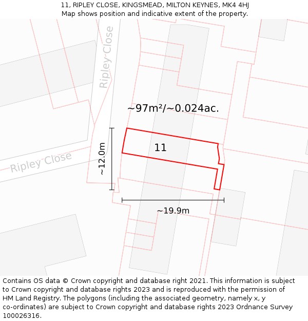 11, RIPLEY CLOSE, KINGSMEAD, MILTON KEYNES, MK4 4HJ: Plot and title map
