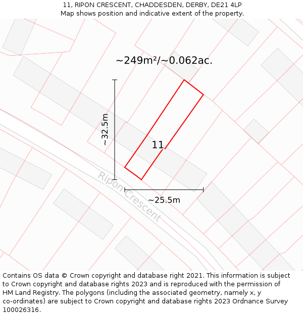 11, RIPON CRESCENT, CHADDESDEN, DERBY, DE21 4LP: Plot and title map