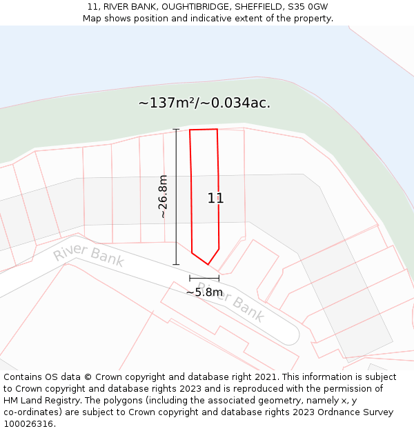 11, RIVER BANK, OUGHTIBRIDGE, SHEFFIELD, S35 0GW: Plot and title map