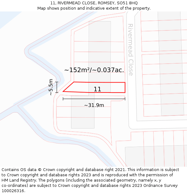 11, RIVERMEAD CLOSE, ROMSEY, SO51 8HQ: Plot and title map