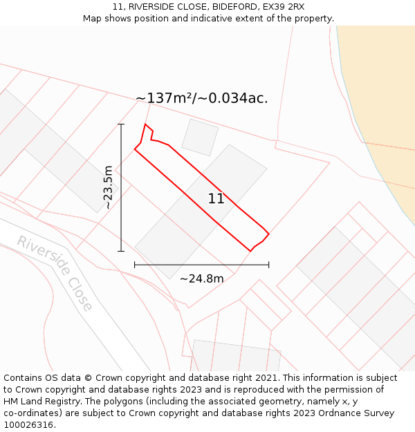 11, RIVERSIDE CLOSE, BIDEFORD, EX39 2RX: Plot and title map