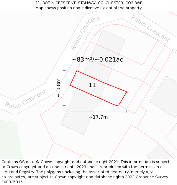 11, ROBIN CRESCENT, STANWAY, COLCHESTER, CO3 8WR: Plot and title map