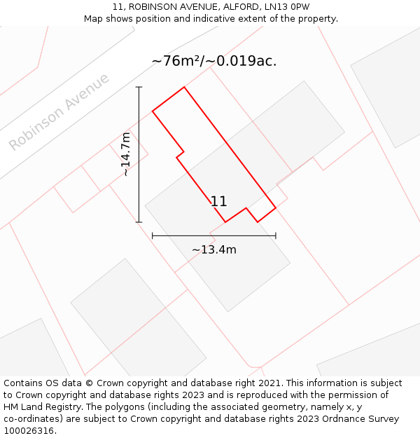 11, ROBINSON AVENUE, ALFORD, LN13 0PW: Plot and title map