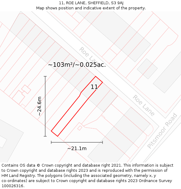 11, ROE LANE, SHEFFIELD, S3 9AJ: Plot and title map