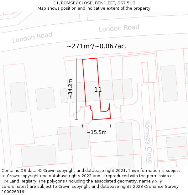 11, ROMSEY CLOSE, BENFLEET, SS7 5UB: Plot and title map