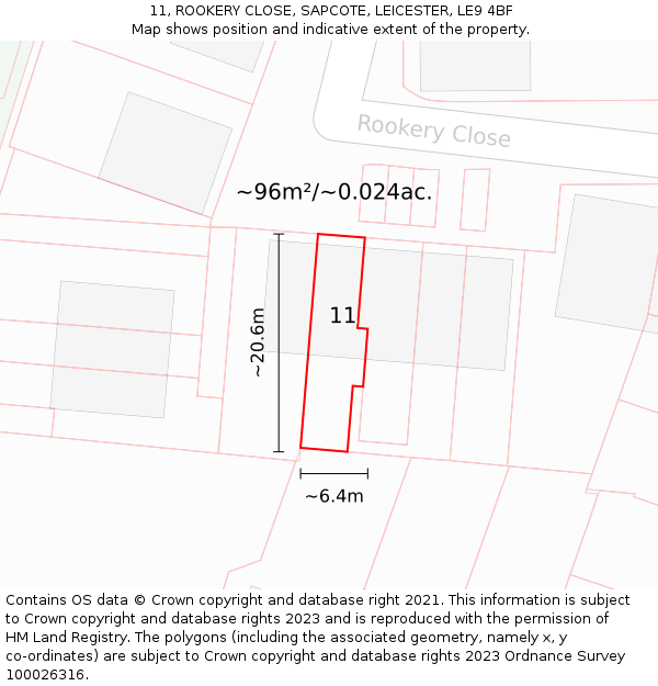 11, ROOKERY CLOSE, SAPCOTE, LEICESTER, LE9 4BF: Plot and title map