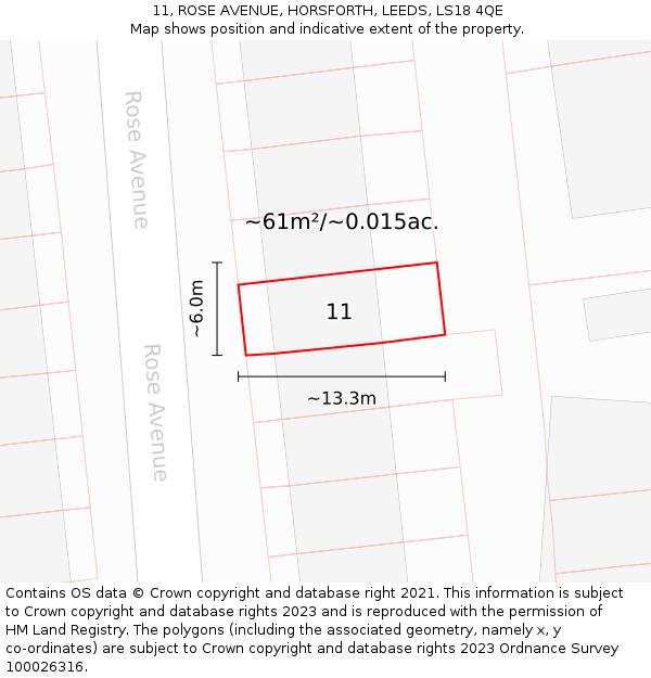 11, ROSE AVENUE, HORSFORTH, LEEDS, LS18 4QE: Plot and title map