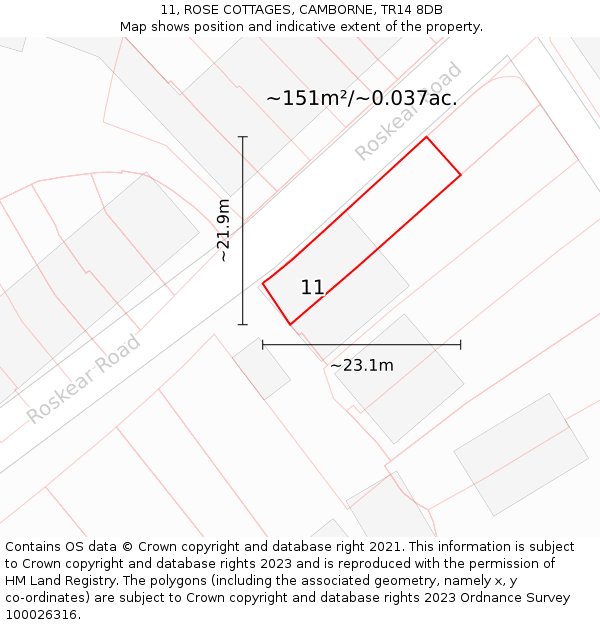 11, ROSE COTTAGES, CAMBORNE, TR14 8DB: Plot and title map