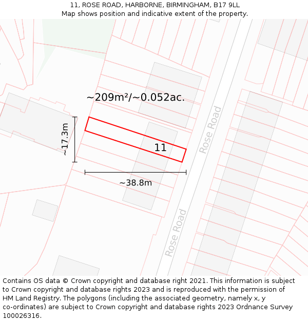 11, ROSE ROAD, HARBORNE, BIRMINGHAM, B17 9LL: Plot and title map
