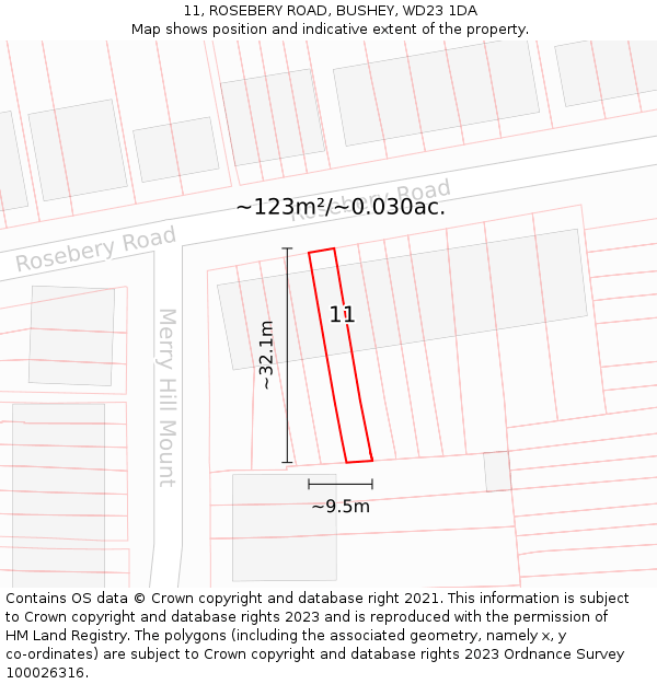 11, ROSEBERY ROAD, BUSHEY, WD23 1DA: Plot and title map