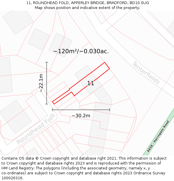 11, ROUNDHEAD FOLD, APPERLEY BRIDGE, BRADFORD, BD10 0UG: Plot and title map