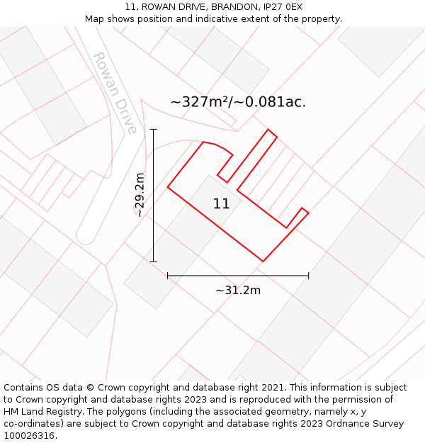 11, ROWAN DRIVE, BRANDON, IP27 0EX: Plot and title map