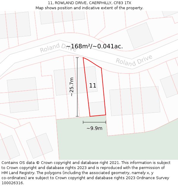 11, ROWLAND DRIVE, CAERPHILLY, CF83 1TX: Plot and title map