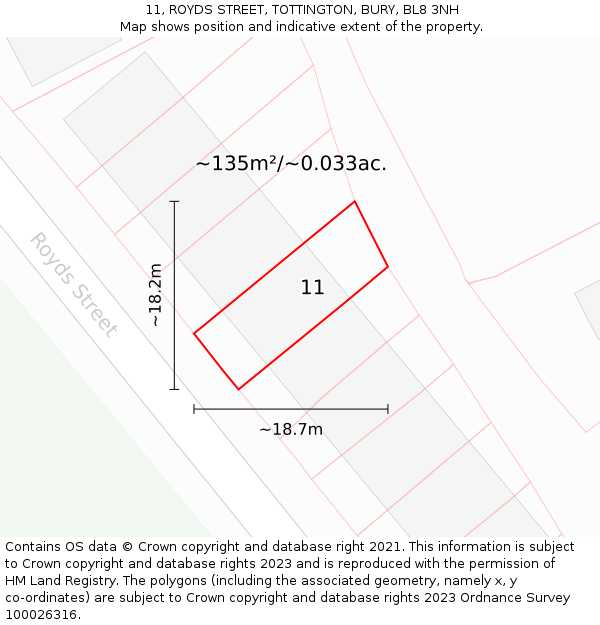 11, ROYDS STREET, TOTTINGTON, BURY, BL8 3NH: Plot and title map