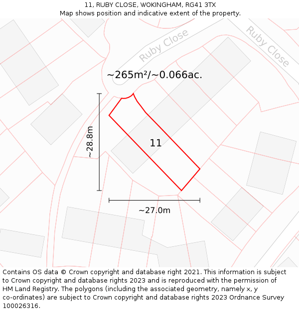 11, RUBY CLOSE, WOKINGHAM, RG41 3TX: Plot and title map