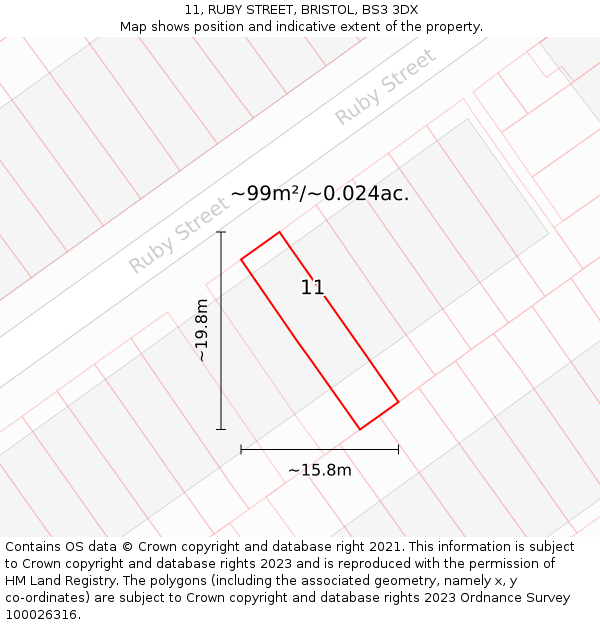 11, RUBY STREET, BRISTOL, BS3 3DX: Plot and title map