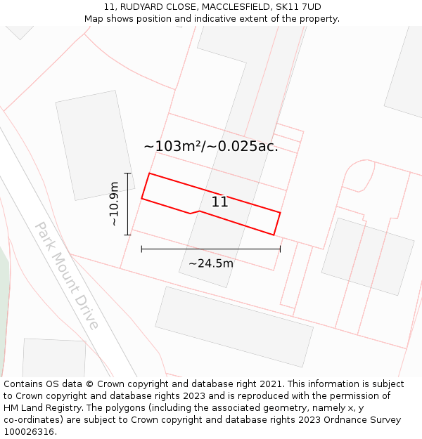 11, RUDYARD CLOSE, MACCLESFIELD, SK11 7UD: Plot and title map