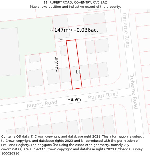 11, RUPERT ROAD, COVENTRY, CV6 3AZ: Plot and title map