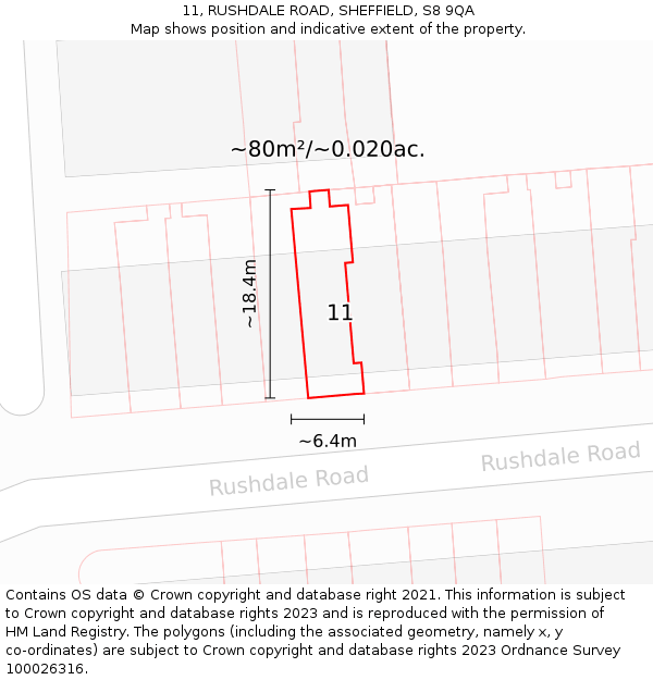 11, RUSHDALE ROAD, SHEFFIELD, S8 9QA: Plot and title map