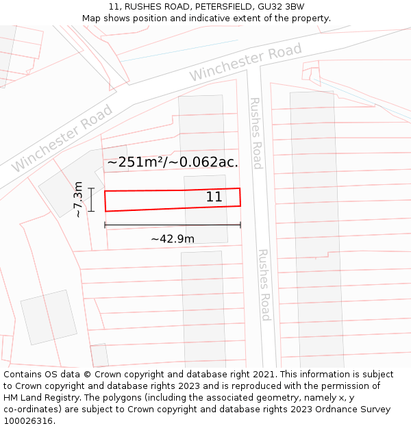 11, RUSHES ROAD, PETERSFIELD, GU32 3BW: Plot and title map