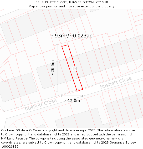 11, RUSHETT CLOSE, THAMES DITTON, KT7 0UR: Plot and title map