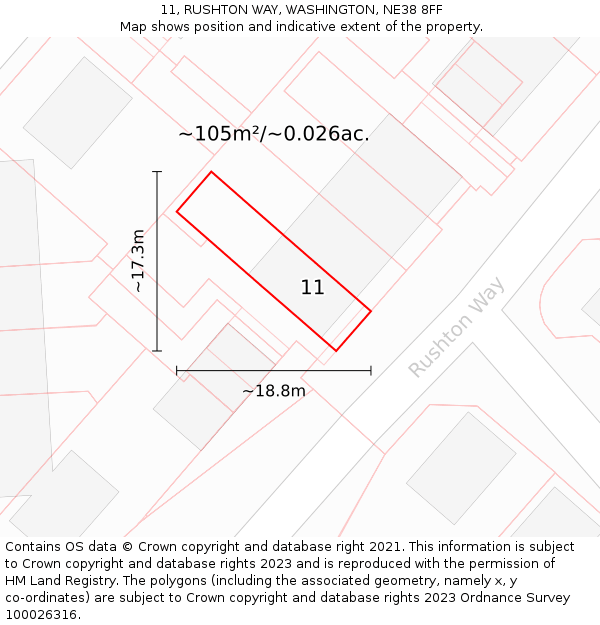 11, RUSHTON WAY, WASHINGTON, NE38 8FF: Plot and title map