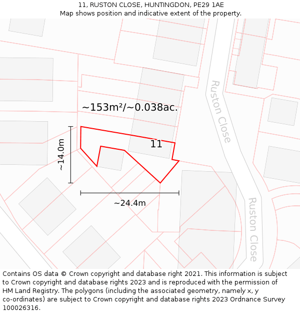 11, RUSTON CLOSE, HUNTINGDON, PE29 1AE: Plot and title map