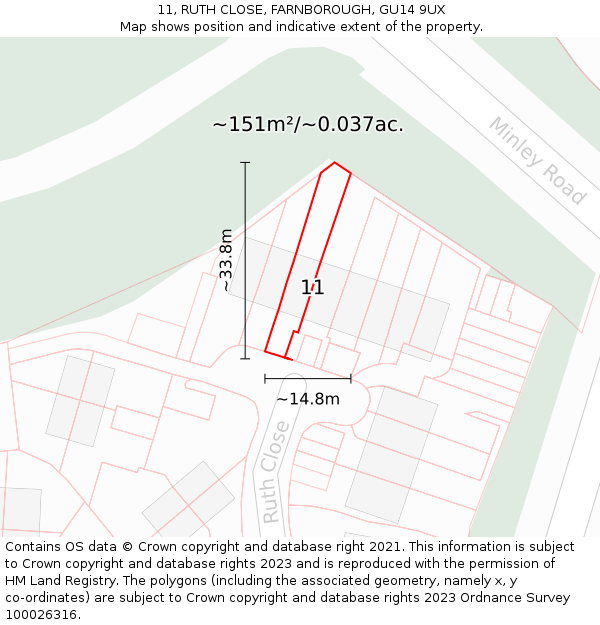 11, RUTH CLOSE, FARNBOROUGH, GU14 9UX: Plot and title map