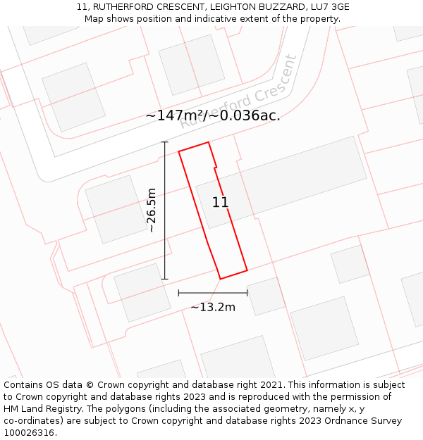 11, RUTHERFORD CRESCENT, LEIGHTON BUZZARD, LU7 3GE: Plot and title map