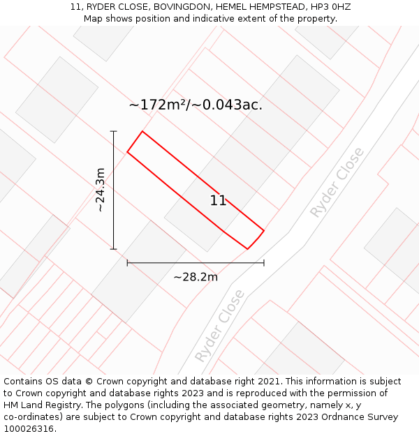 11, RYDER CLOSE, BOVINGDON, HEMEL HEMPSTEAD, HP3 0HZ: Plot and title map