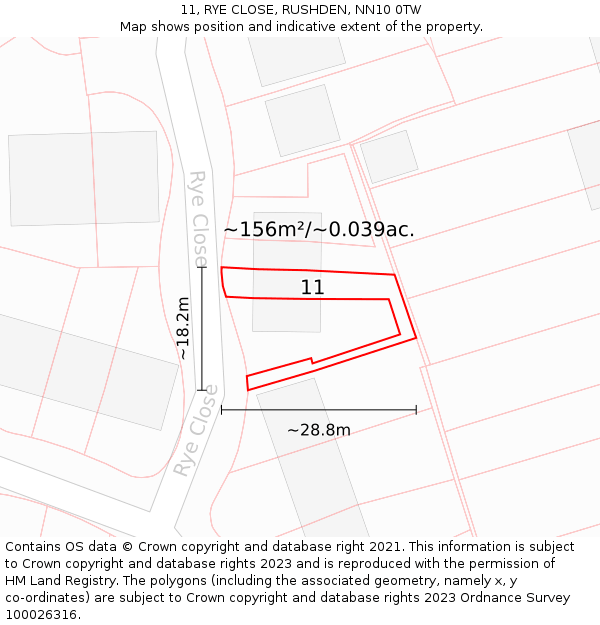 11, RYE CLOSE, RUSHDEN, NN10 0TW: Plot and title map