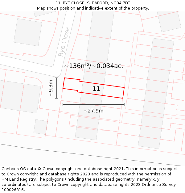 11, RYE CLOSE, SLEAFORD, NG34 7BT: Plot and title map