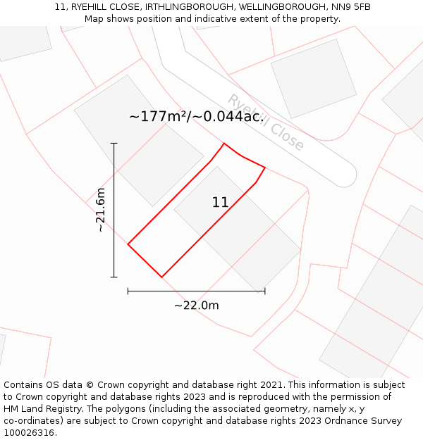 11, RYEHILL CLOSE, IRTHLINGBOROUGH, WELLINGBOROUGH, NN9 5FB: Plot and title map