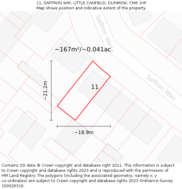 11, SAFFRON WAY, LITTLE CANFIELD, DUNMOW, CM6 1HF: Plot and title map