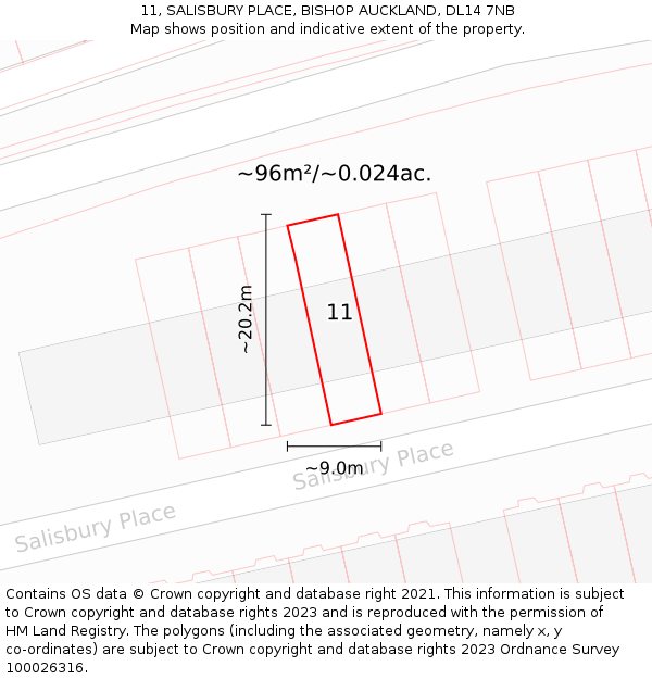 11, SALISBURY PLACE, BISHOP AUCKLAND, DL14 7NB: Plot and title map