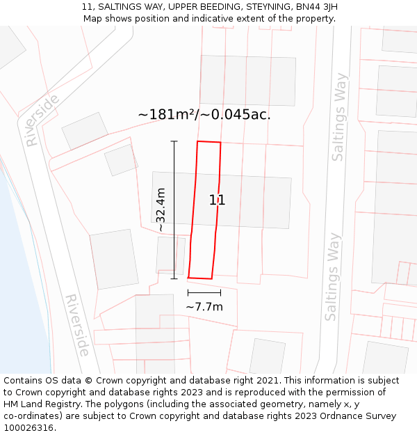 11, SALTINGS WAY, UPPER BEEDING, STEYNING, BN44 3JH: Plot and title map