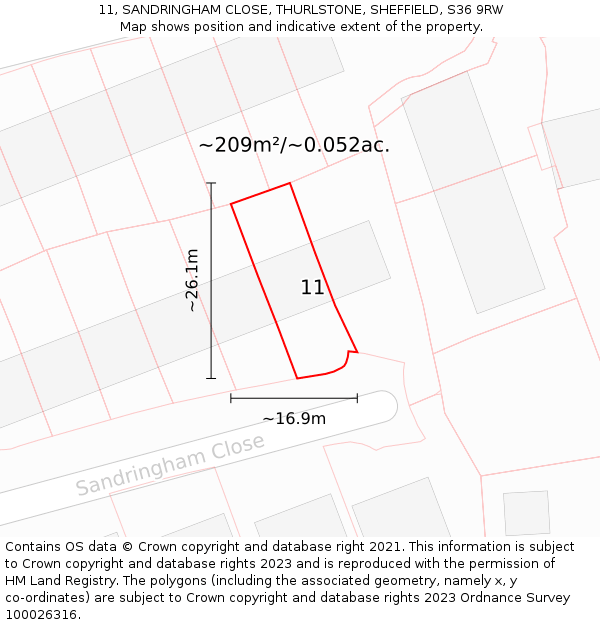 11, SANDRINGHAM CLOSE, THURLSTONE, SHEFFIELD, S36 9RW: Plot and title map