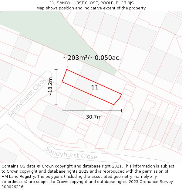 11, SANDYHURST CLOSE, POOLE, BH17 9JS: Plot and title map