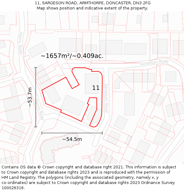11, SARGESON ROAD, ARMTHORPE, DONCASTER, DN3 2FG: Plot and title map