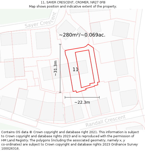 11, SAYER CRESCENT, CROMER, NR27 0FB: Plot and title map