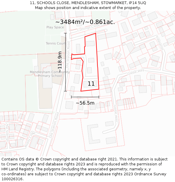 11, SCHOOLS CLOSE, MENDLESHAM, STOWMARKET, IP14 5UQ: Plot and title map