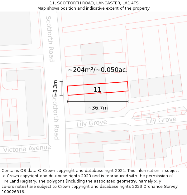 11, SCOTFORTH ROAD, LANCASTER, LA1 4TS: Plot and title map